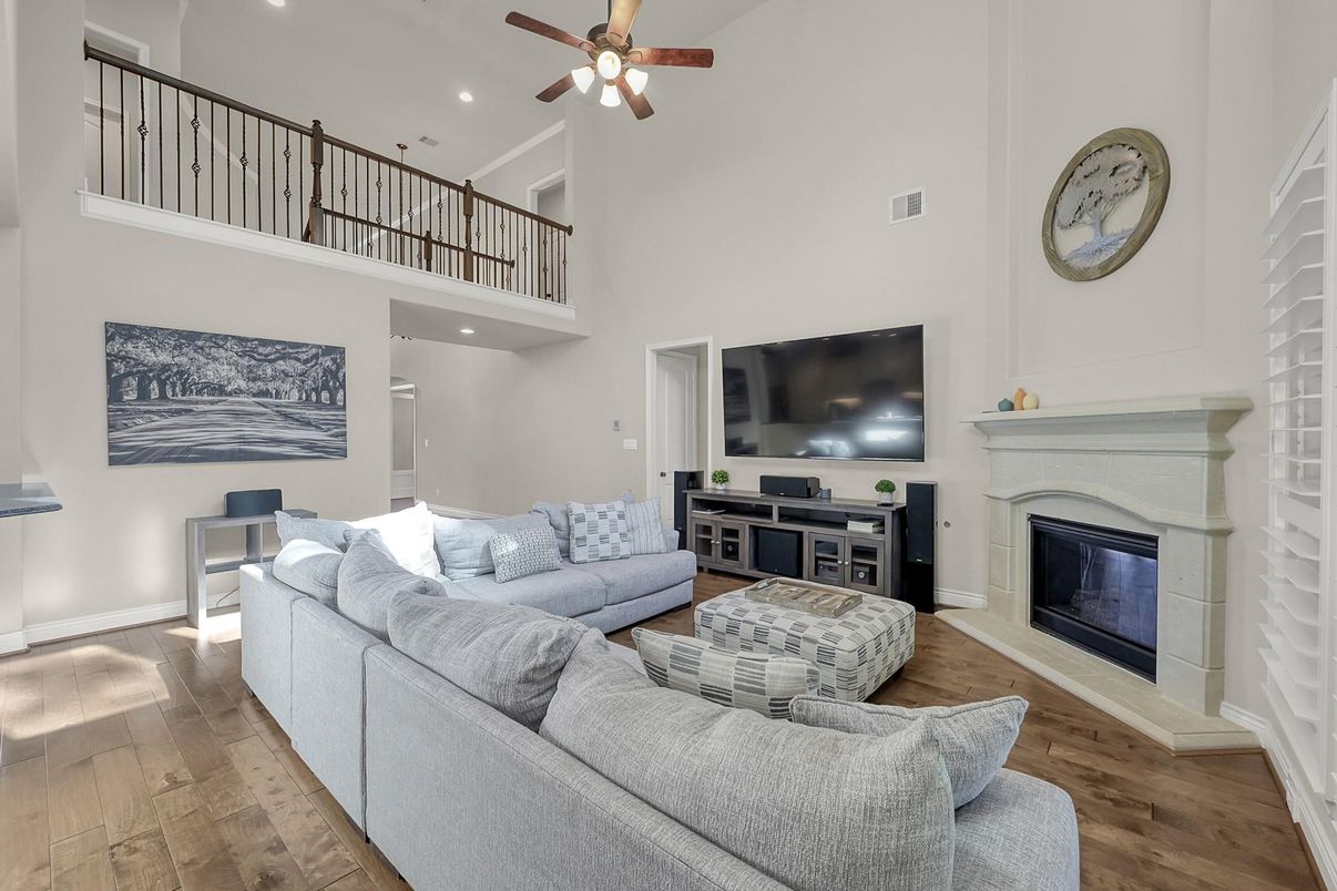 Fireplace, Interior, Living room, Recessed Lighting, Wood Texture Flooring