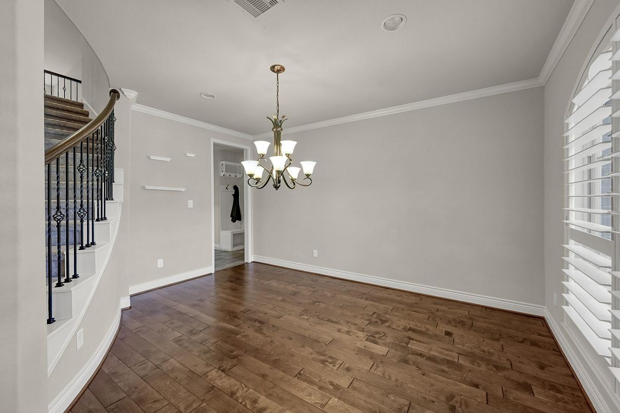 Chandelier, Empty room, Interior, Recessed Lighting, Wood Texture Flooring