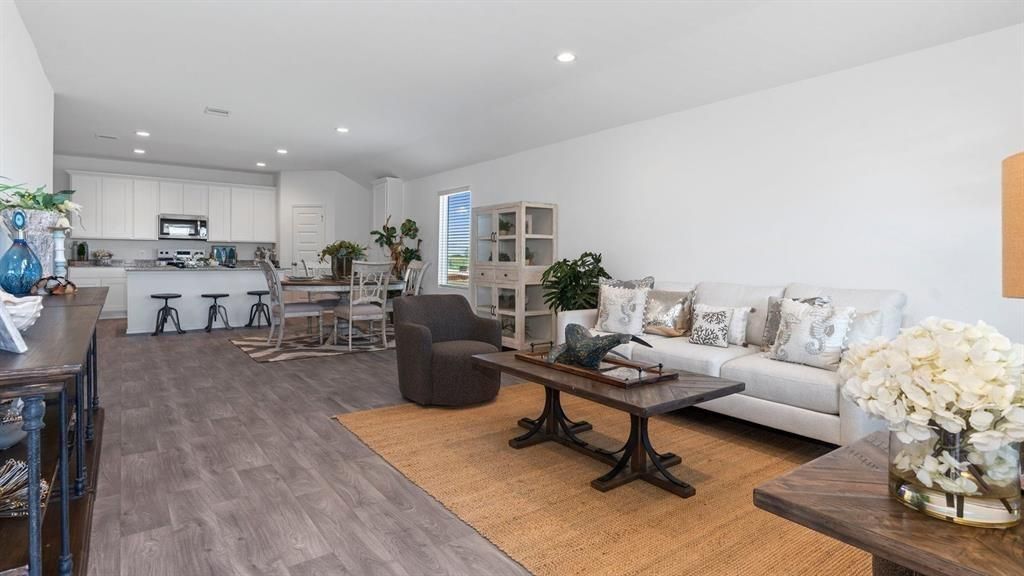 Dining room, Interior, Kitchen, Living room, Recessed Lighting, Stainless Steel Appliances, Wood Texture Flooring