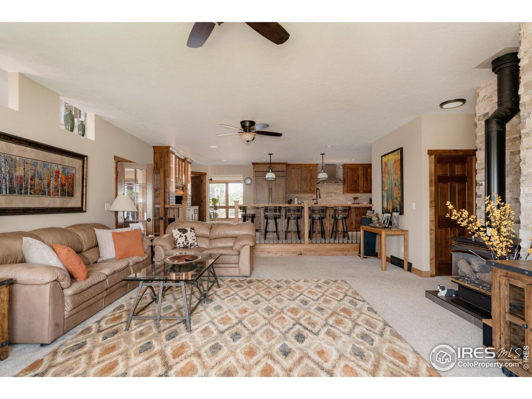 Fireplace, Interior, Kitchen, Living room, Recessed Lighting, Stone Walls