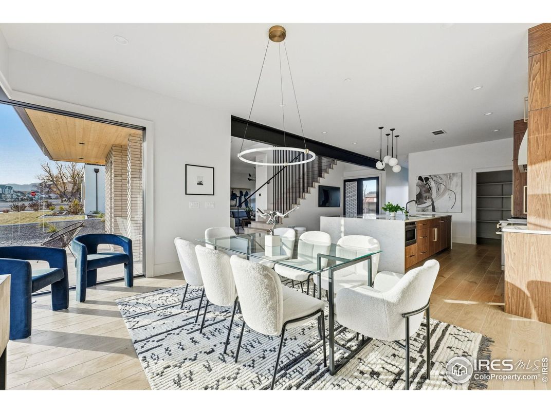Dining room, Interior, Pendant Lights, Recessed Lighting, Wood Texture Flooring