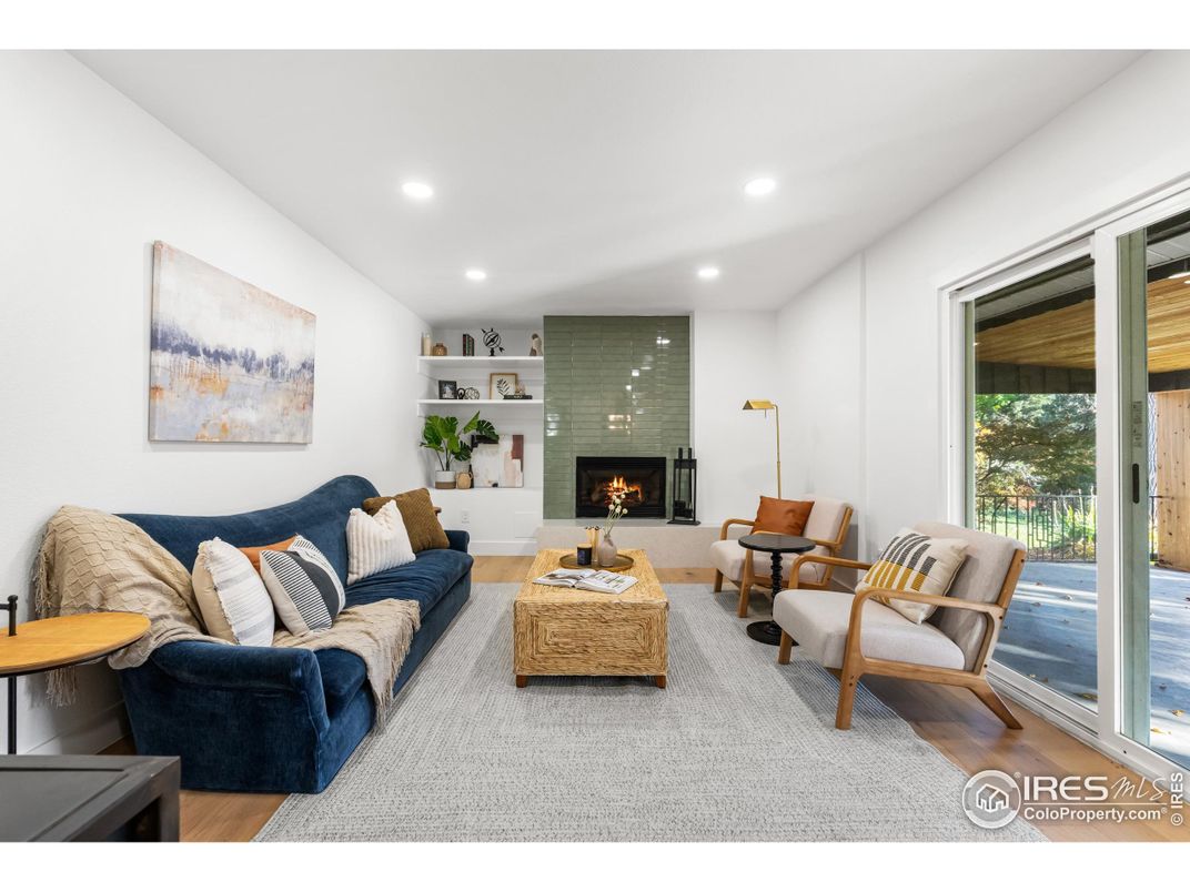 Fireplace, Interior, Living room, Recessed Lighting, Wood Texture Flooring