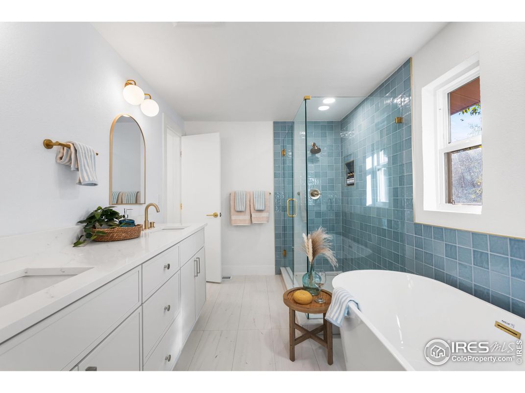 Bathroom, Dual Sink Vanities, Glass Shower, Interior, Recessed Lighting, Wood Texture Flooring