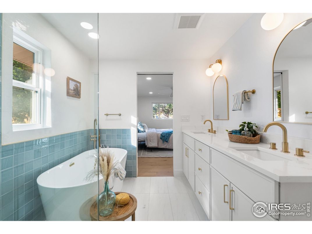 Bathroom, Bedroom, Dual Sink Vanities, Free Standing Baths, Interior, Recessed Lighting, Wood Texture Flooring