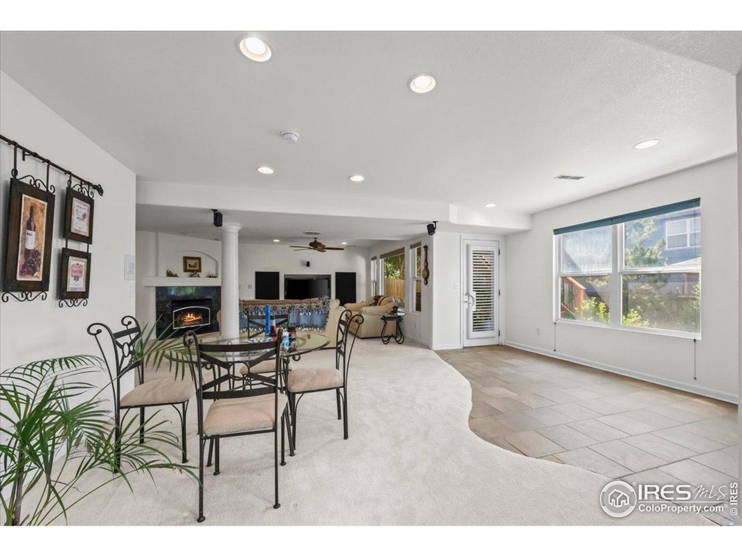 Dining room, Fireplace, Interior, Recessed Lighting