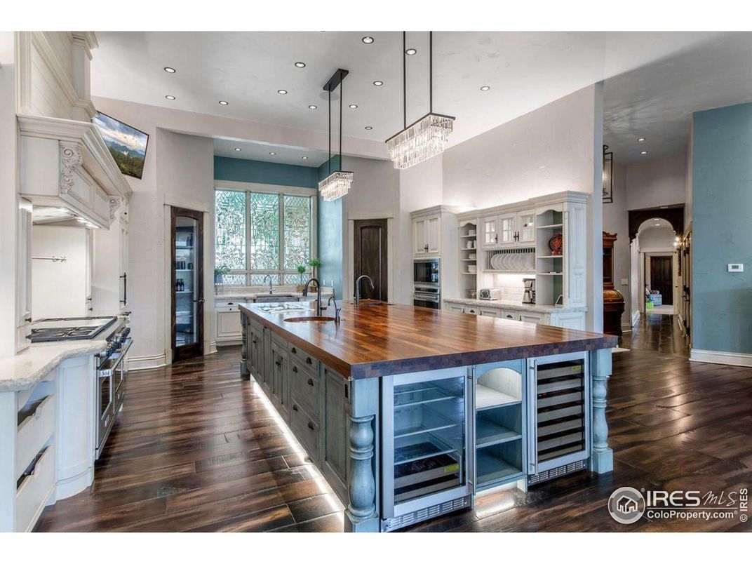 Chandelier, Interior, Kitchen, Pendant Lights, Recessed Lighting, Stainless Steel Appliances, Wood Texture Flooring