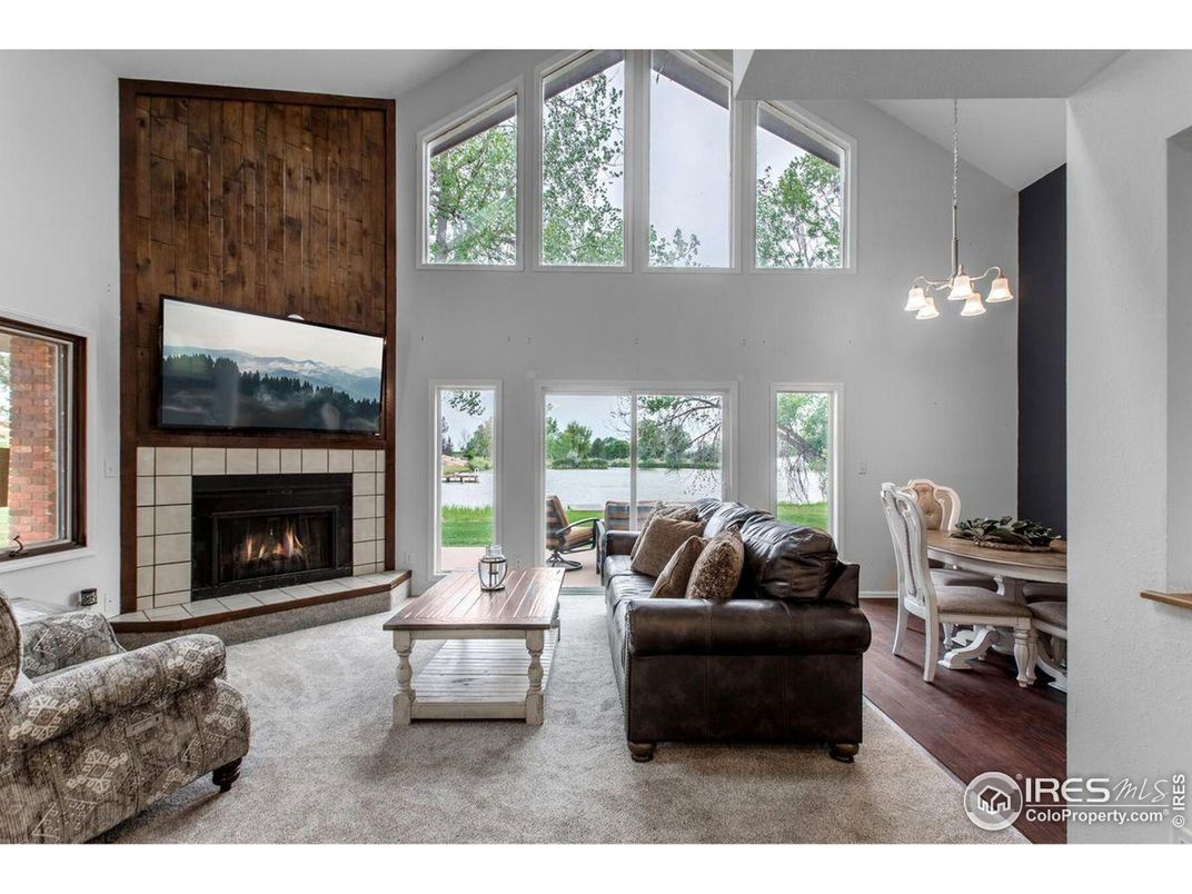 Dining room, Fireplace, Interior, Living room, Pendant Lights, Wood Texture Flooring