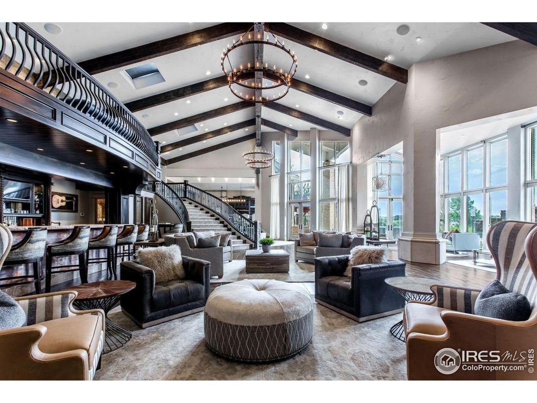 Chandelier, Dining room, Interior, Living room, Recessed Lighting, Wooden Beams, Wood Texture Flooring