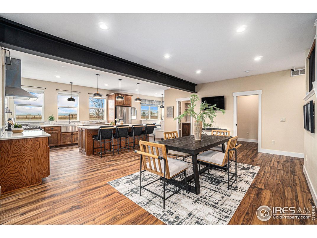 Dining room, Interior, Kitchen, Pendant Lights, Recessed Lighting, Wood Texture Flooring