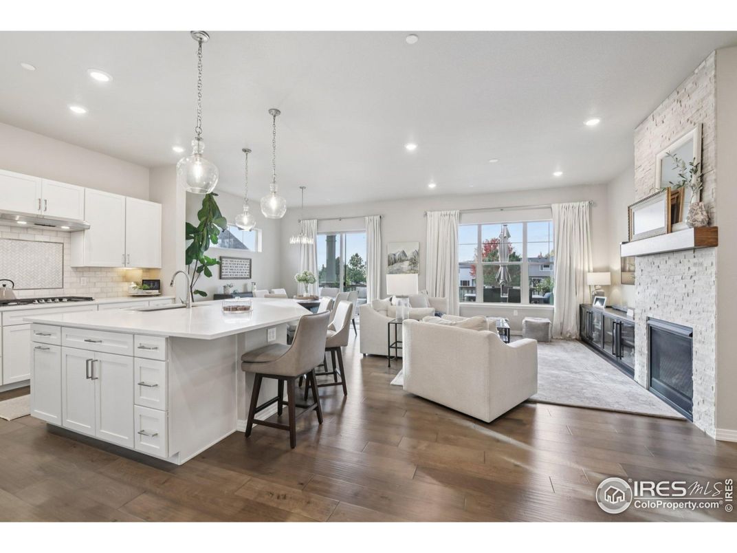 Dining room, Fireplace, Interior, Kitchen, Living room, Pendant Lights, Recessed Lighting, Wood Texture Flooring