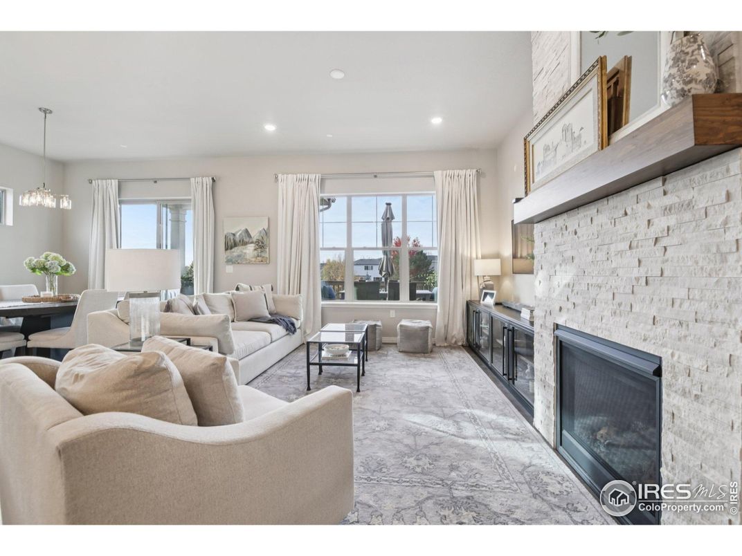 Dining room, Fireplace, Interior, Living room, Pendant Lights, Recessed Lighting, Stone Walls