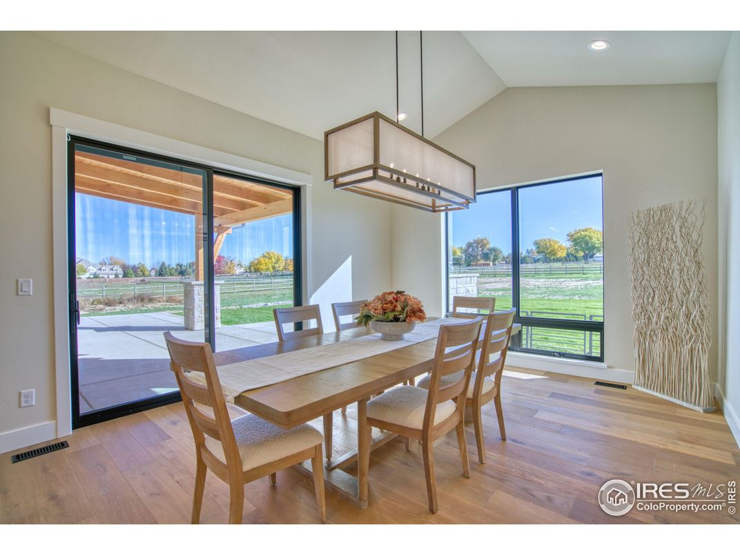 Dining room, Interior, Pendant Lights, Recessed Lighting, Wood Texture Flooring