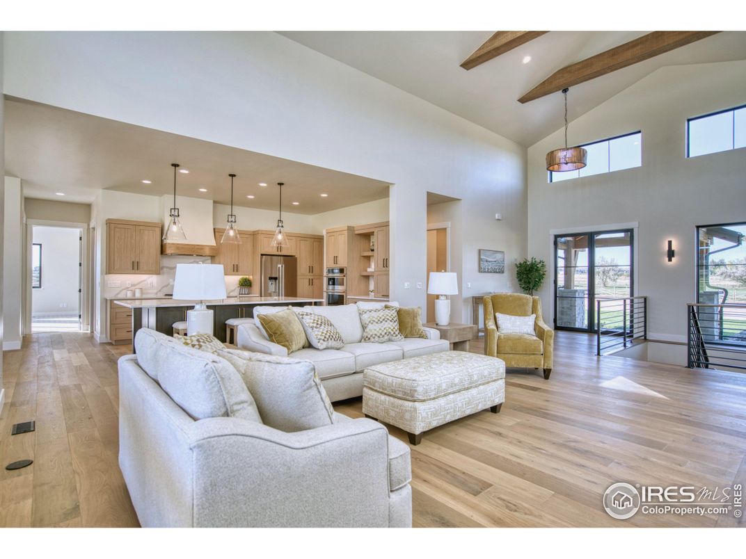 Interior, Kitchen, Living room, Pendant Lights, Recessed Lighting, Wooden Beams, Wood Texture Flooring