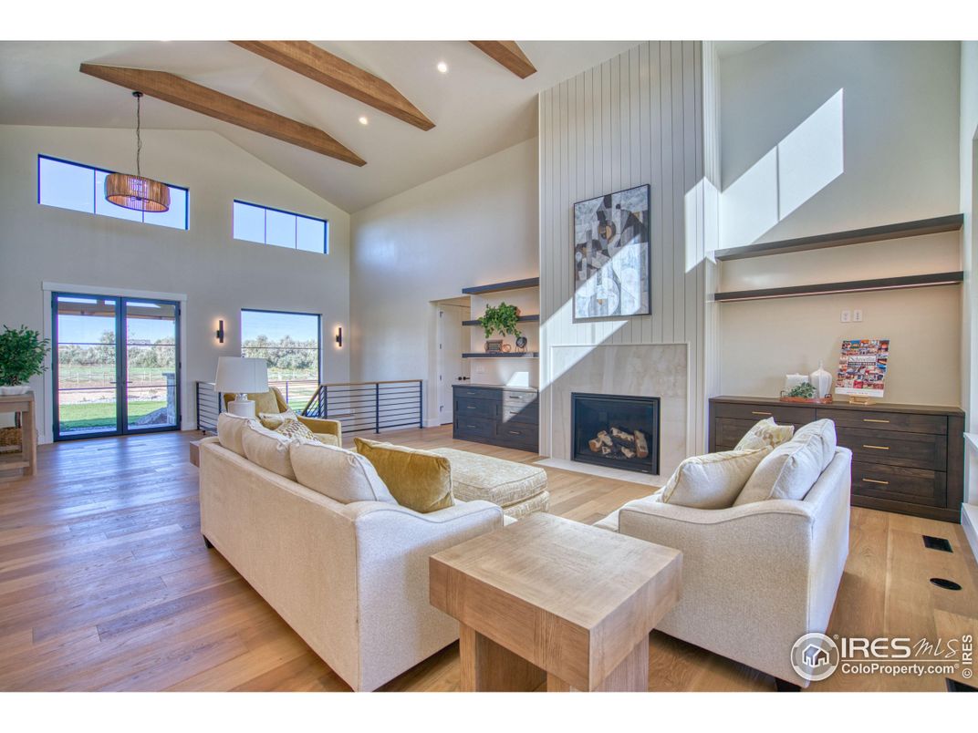 Fireplace, Interior, Living room, Pendant Lights, Recessed Lighting, Wooden Beams, Wood Texture Flooring