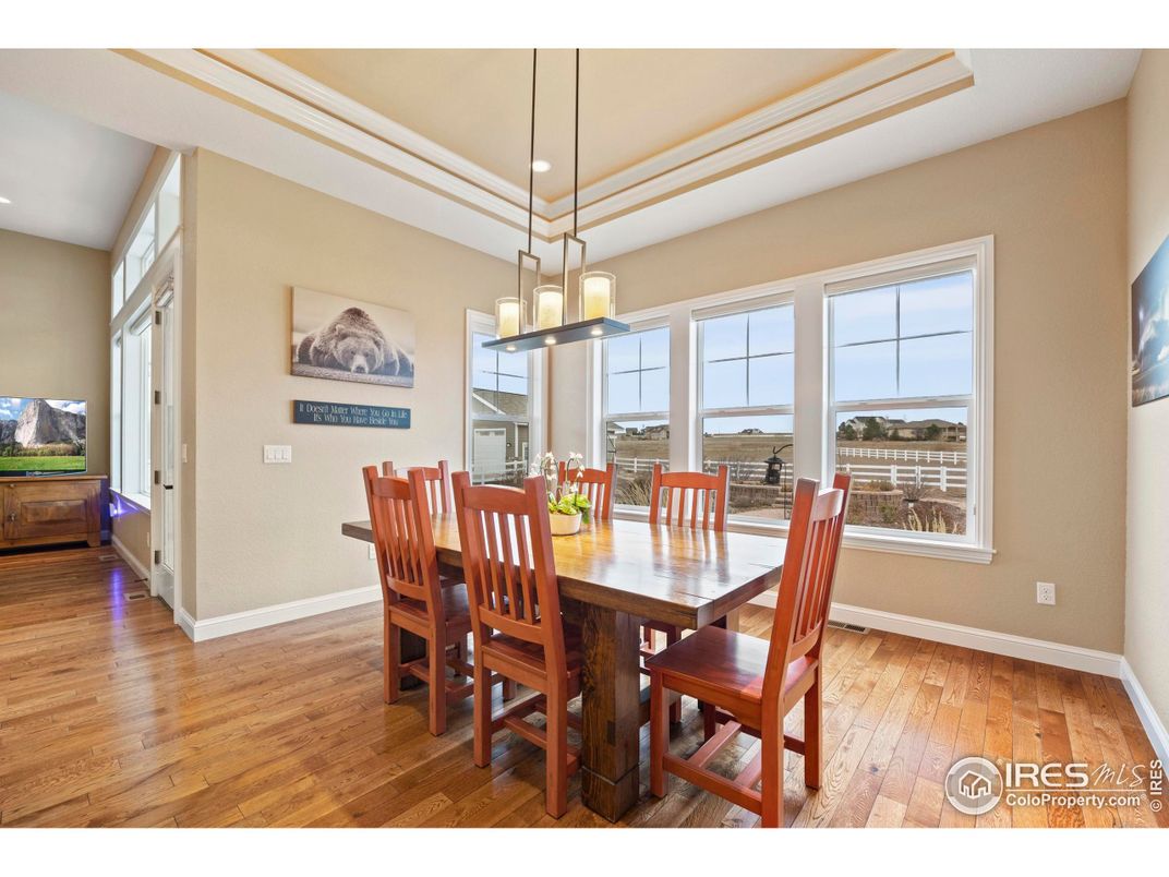 Dining room, Interior, Pendant Lights, Recessed Lighting, Wood Texture Flooring