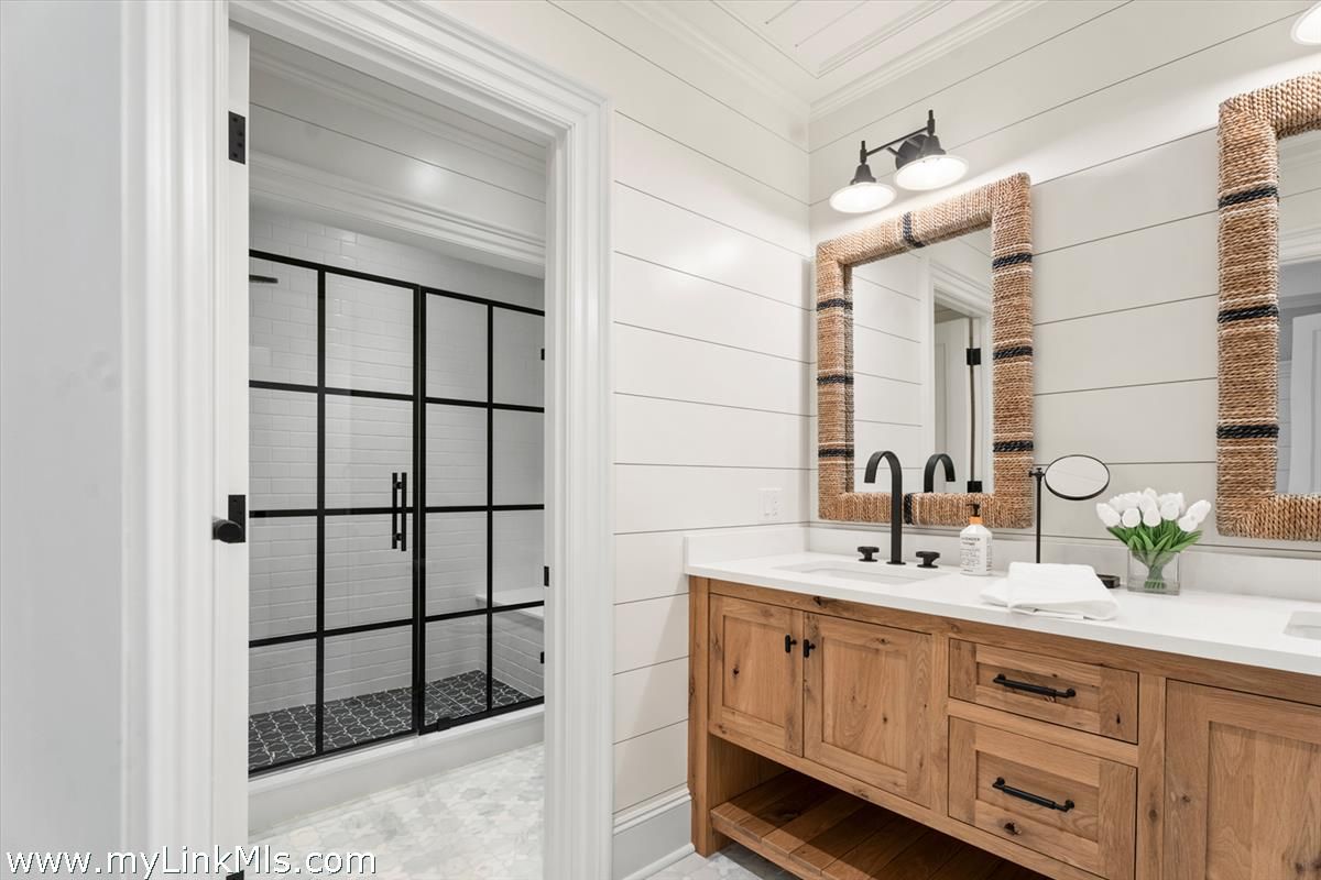 Bathroom, Dual Sink Vanities, Glass Shower, Interior, Wood Texture Flooring