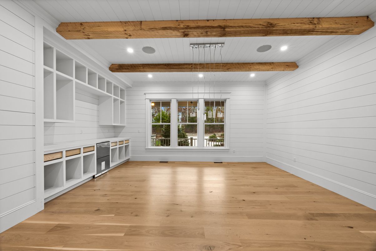 Empty room, Interior, Recessed Lighting, Wooden Beams, Wood Texture Flooring