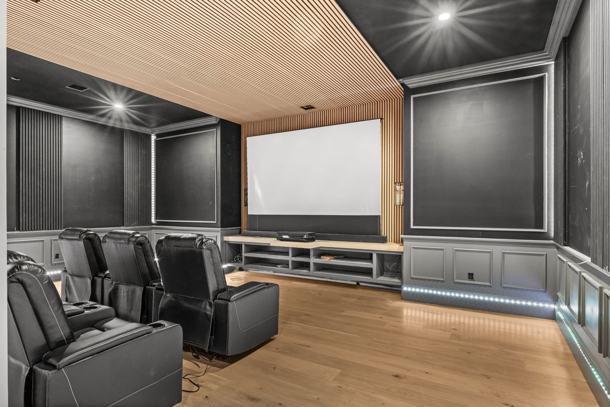 Home Theatre Room, Interior, Projection Screen, Recessed Lighting, Theatre Room, Wood Texture Flooring
