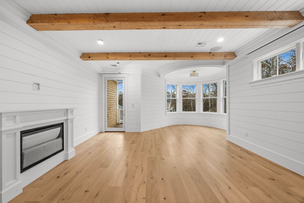 Empty room, Fireplace, Interior, Recessed Lighting, Wooden Beams, Wood Texture Flooring