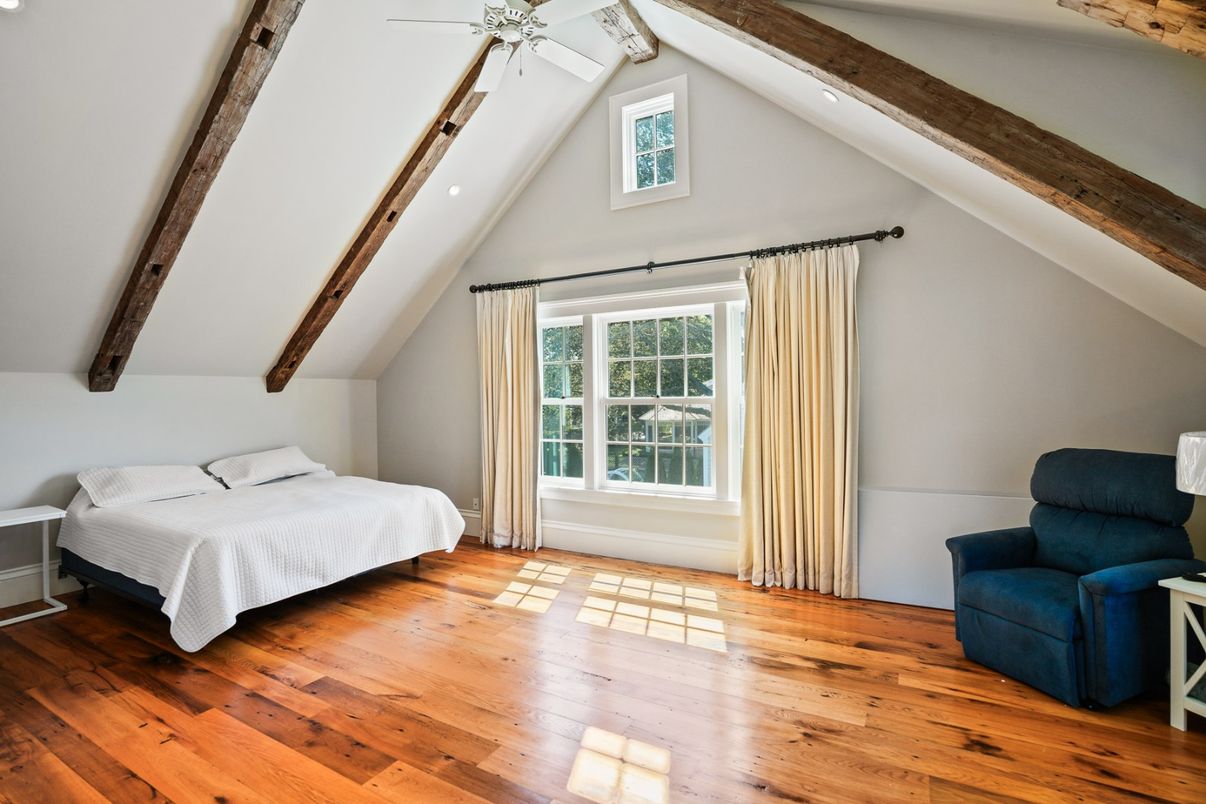 Bedroom, Interior, Recessed Lighting, Wooden Beams, Wood Texture Flooring