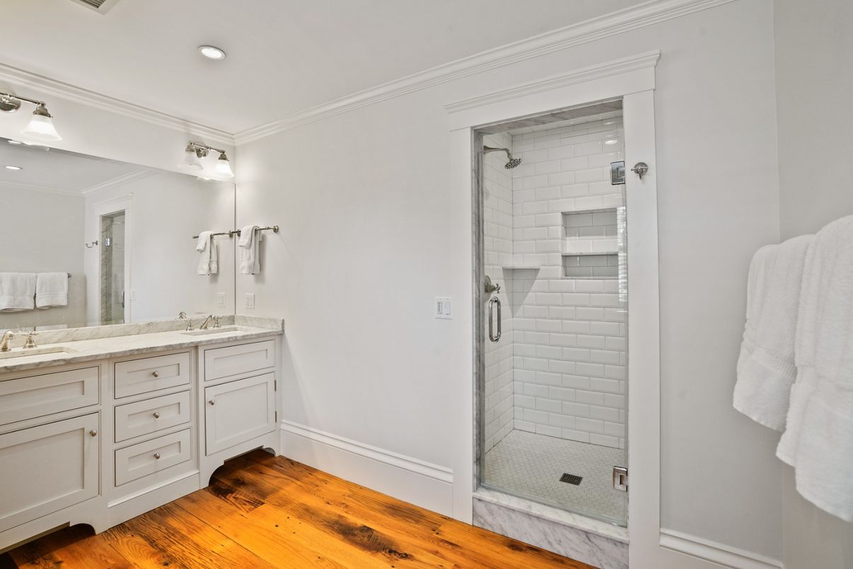 Bathroom, Glass Shower, Interior, Recessed Lighting, Wood Texture Flooring