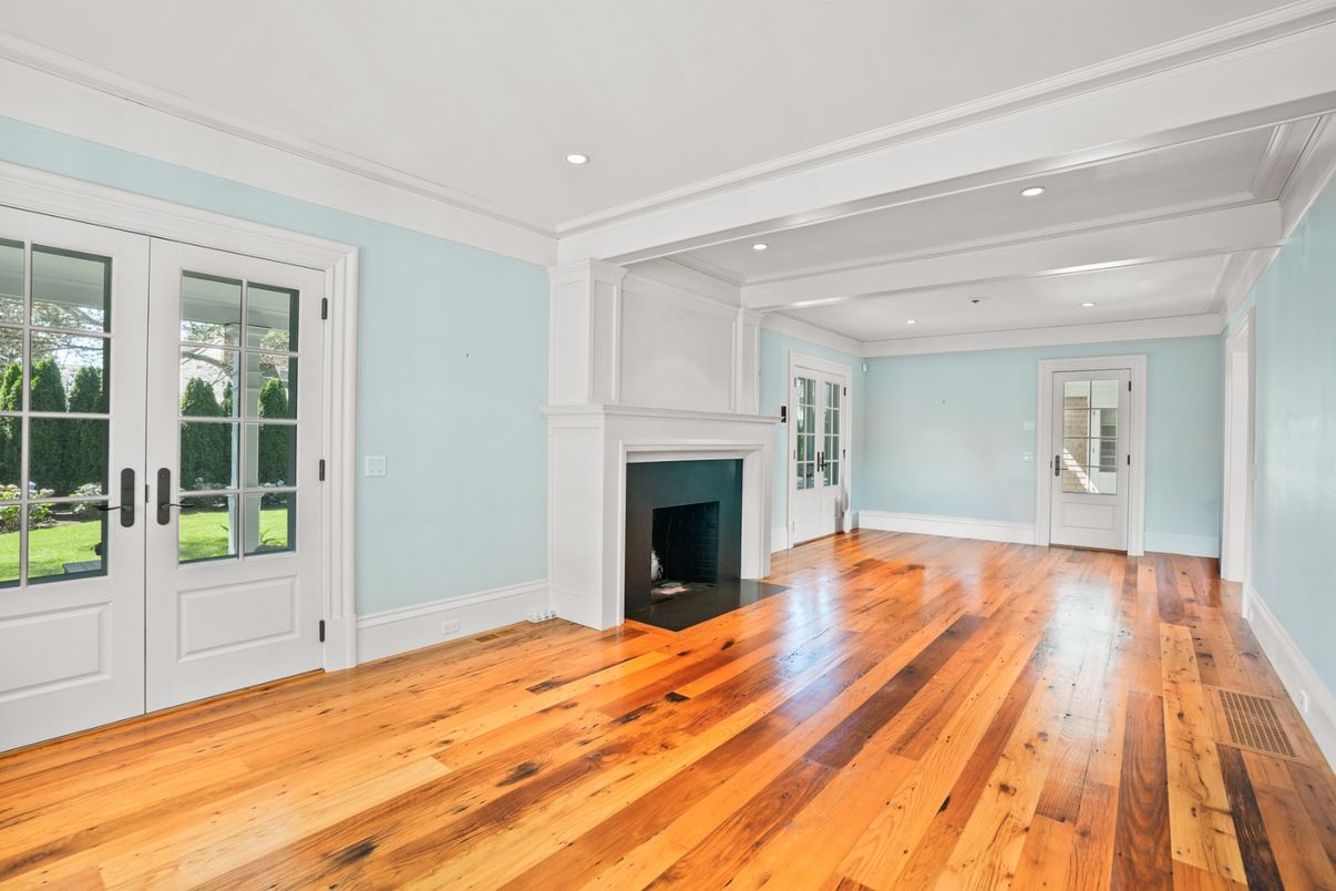 Empty room, Fireplace, Interior, Recessed Lighting, Wood Texture Flooring