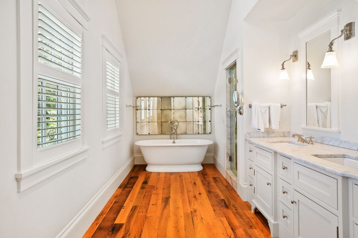 Bathroom, Dual Sink Vanities, Free Standing Baths, Interior, Wood Texture Flooring