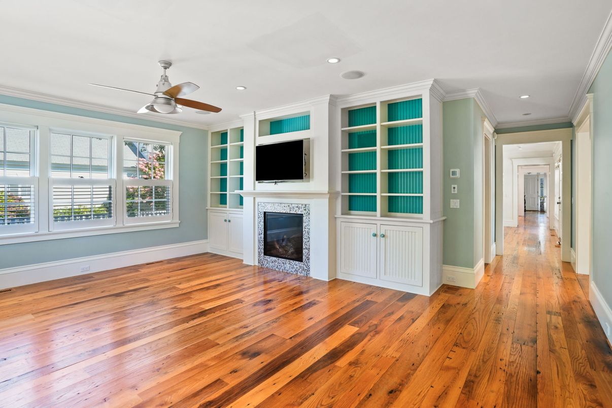 Empty room, Fireplace, Interior, Recessed Lighting, Wood Texture Flooring