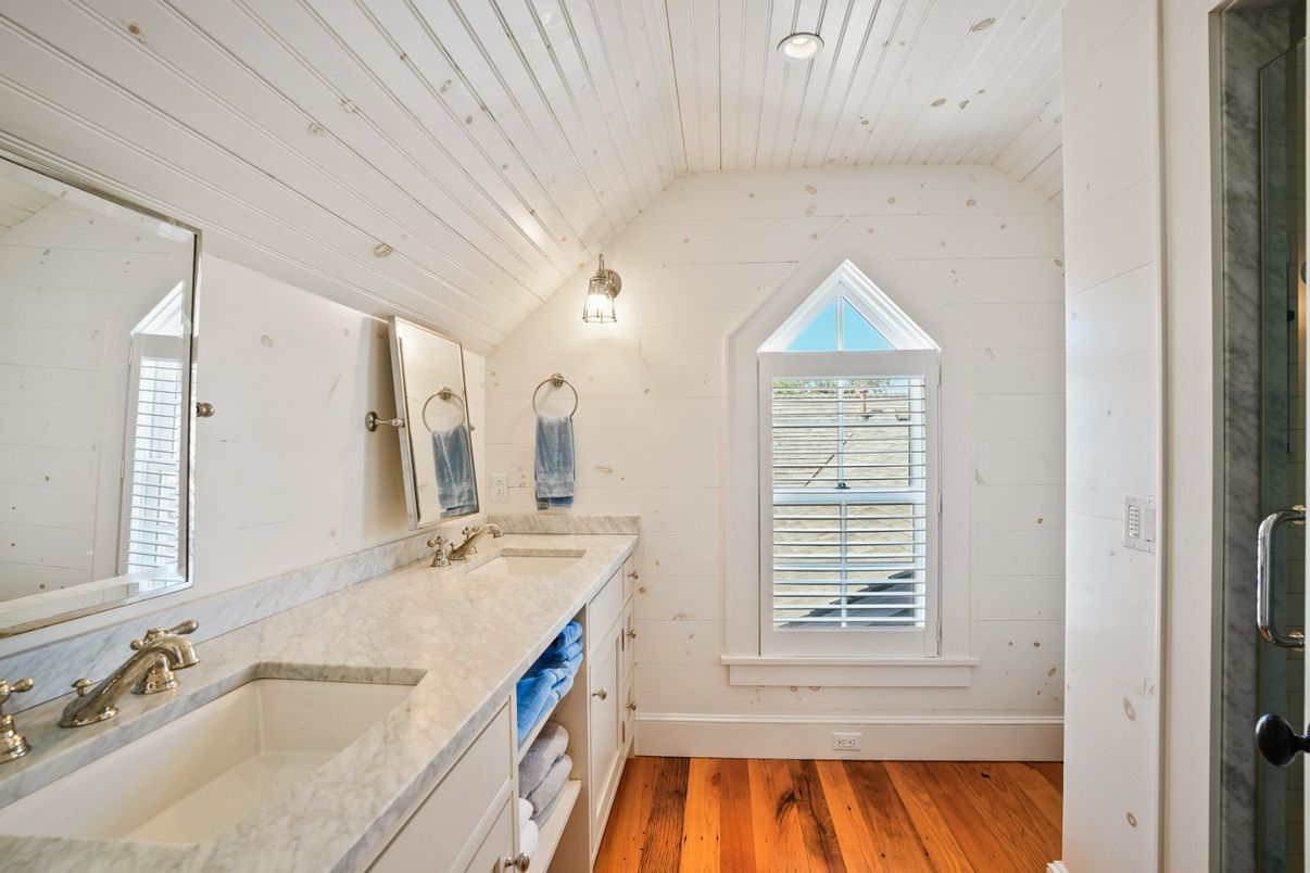 Bathroom, Dual Sink Vanities, Interior, Recessed Lighting, Wood Texture Flooring