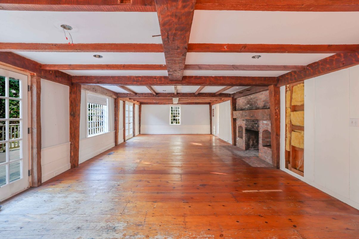Empty room, Fireplace, Interior, Wooden Beams, Wood Texture Flooring