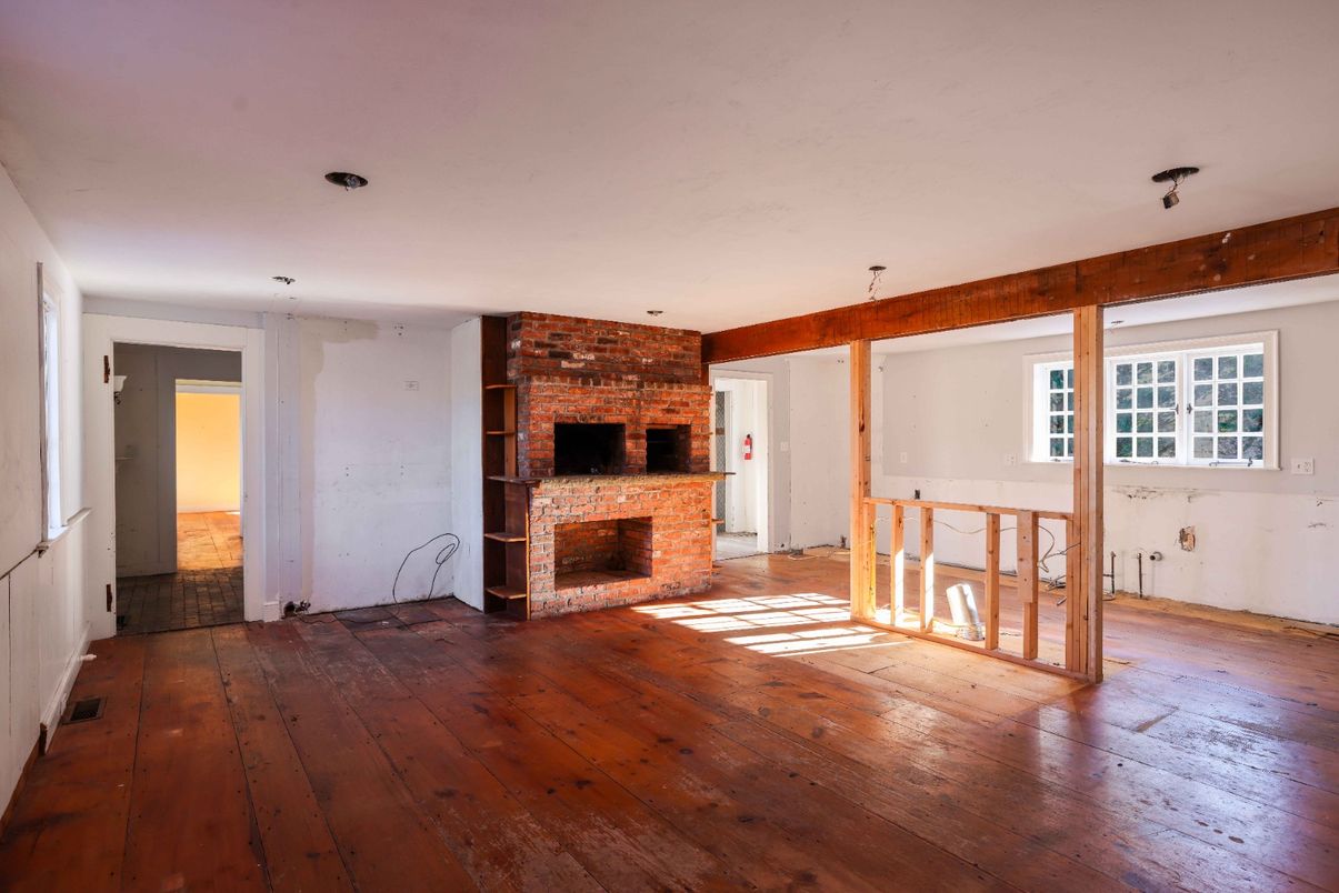 Empty room, Fireplace, Interior, Stone Walls, Wood Texture Flooring