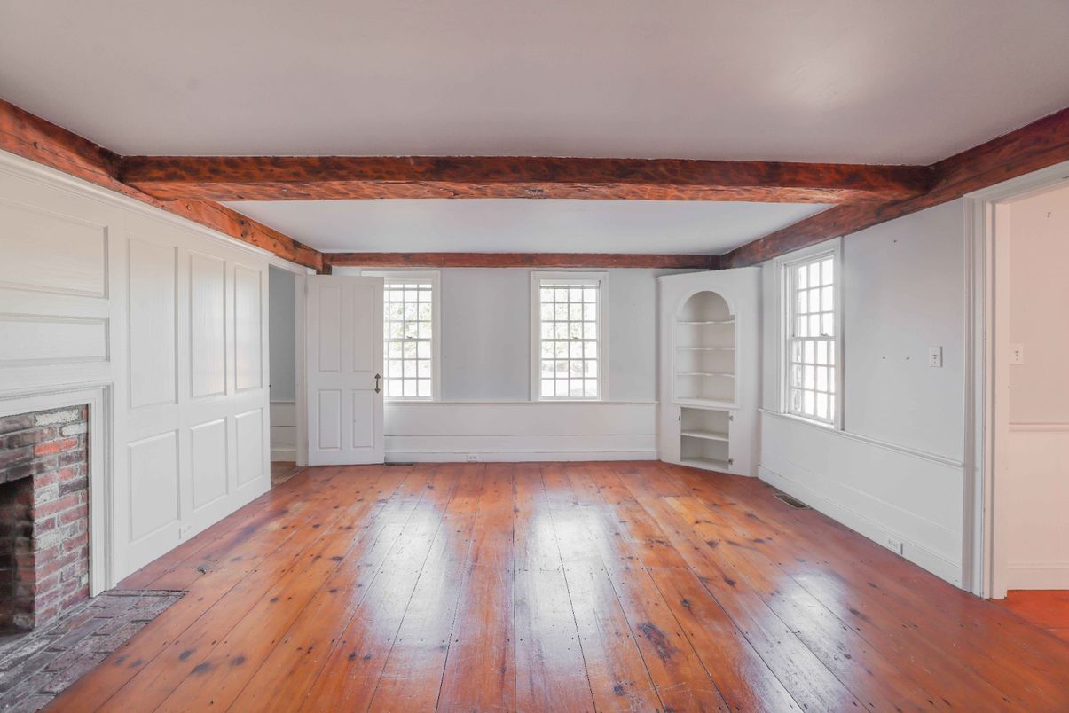 Empty room, Fireplace, Interior, Wooden Beams, Wood Texture Flooring