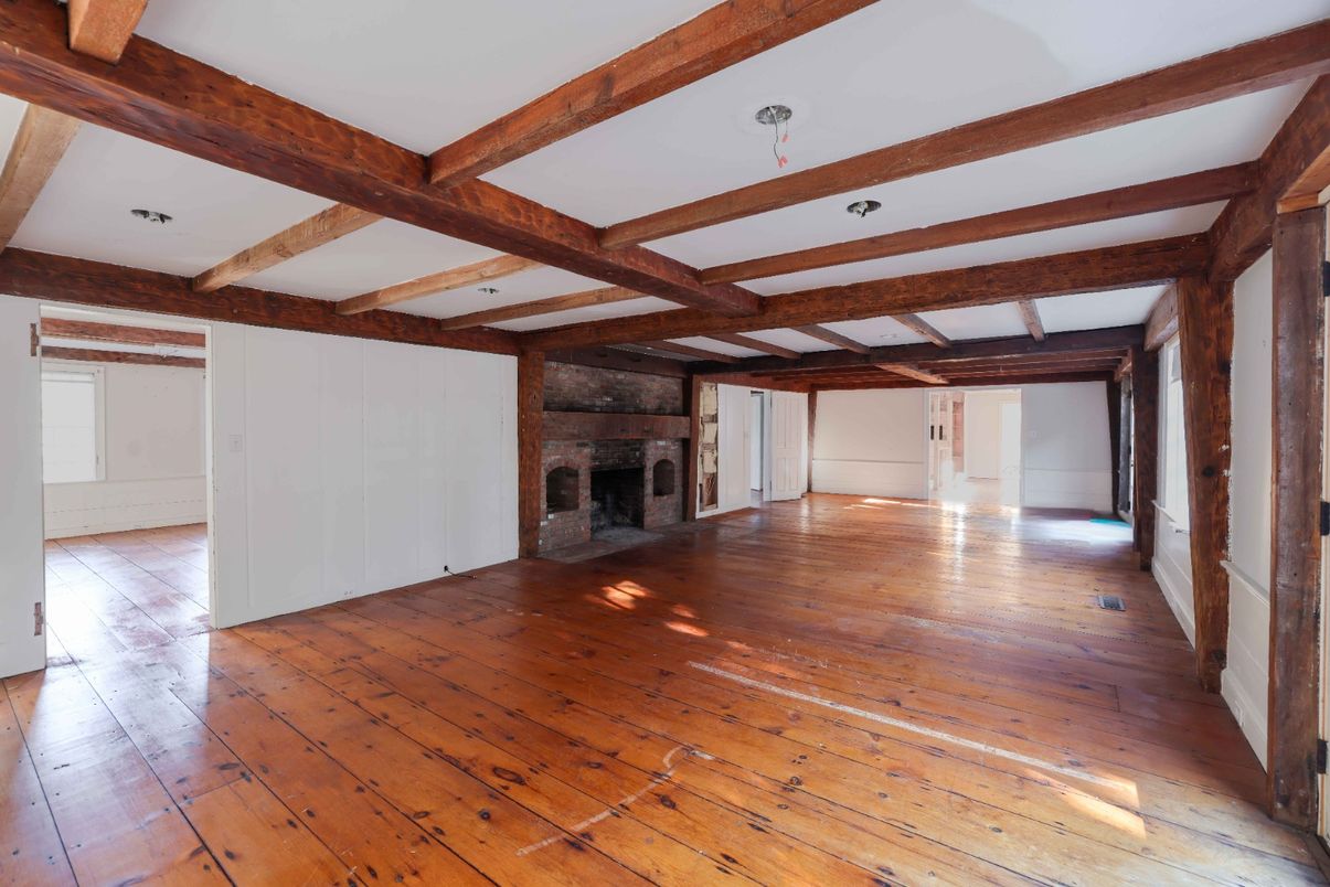 Empty room, Fireplace, Interior, Wooden Beams, Wood Texture Flooring