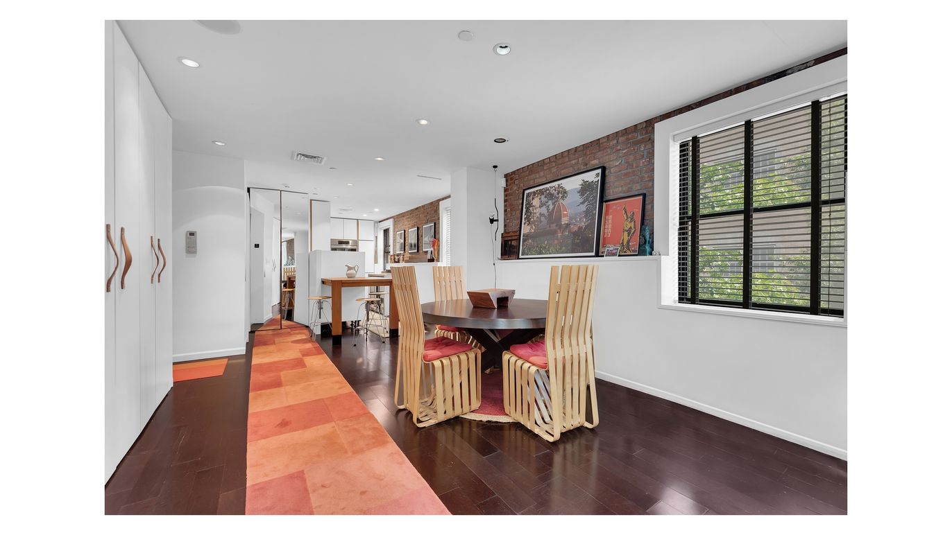 Dining room, Interior, Kitchen, Pendant Lights, Recessed Lighting, Stone Walls, Wood Texture Flooring