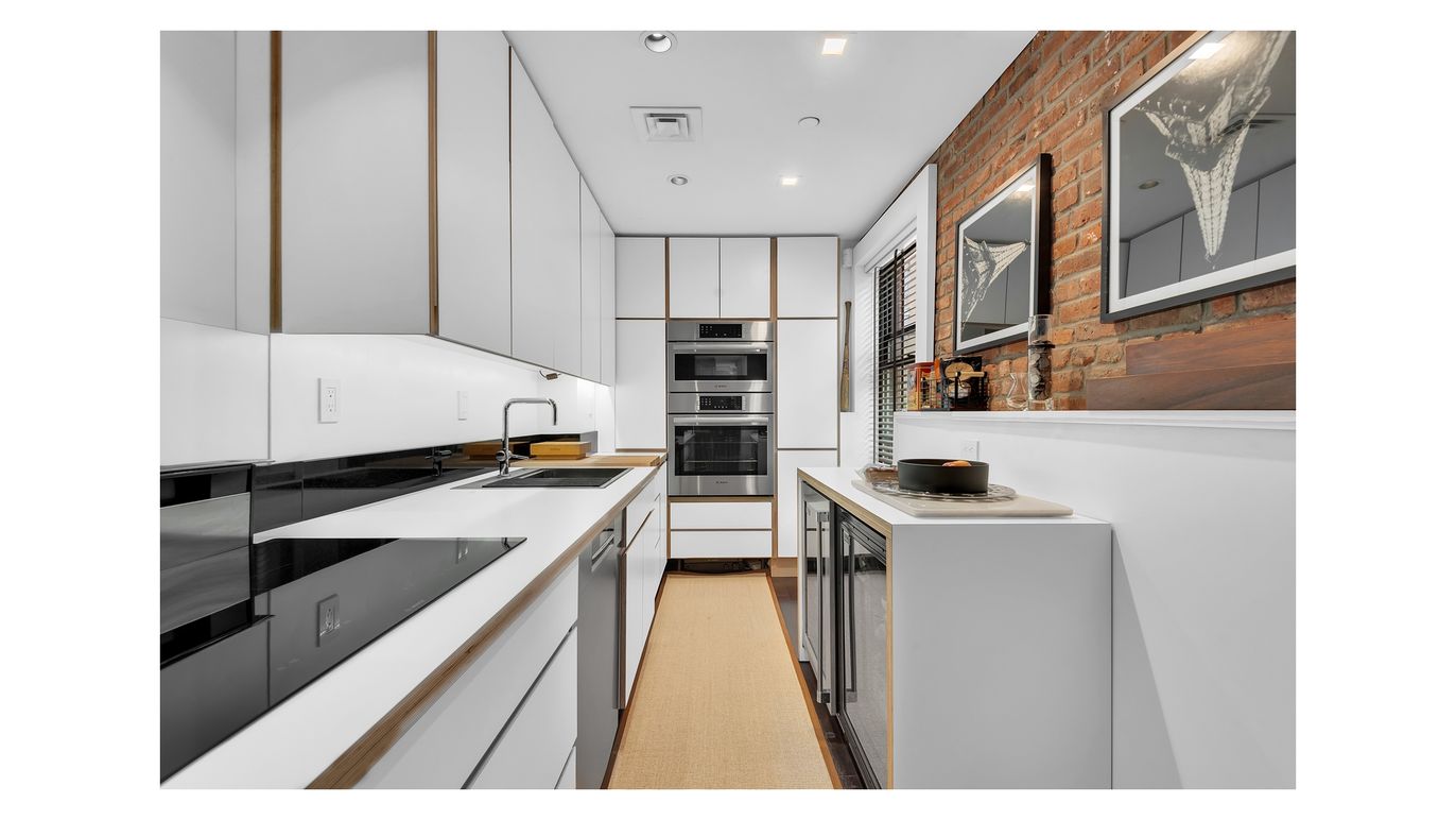 Interior, Kitchen, Recessed Lighting, Stainless Steel Appliances, Stone Walls