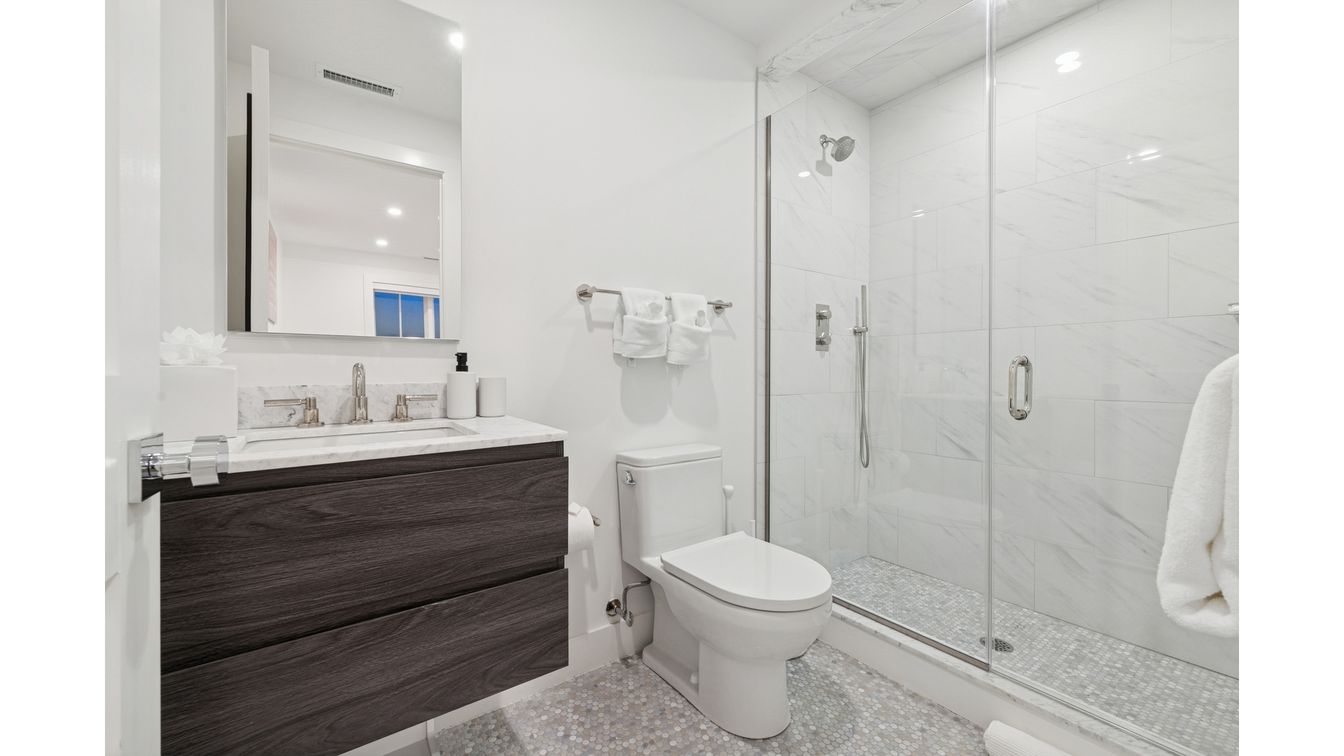 Bathroom, Glass Shower, Interior, Marble Walls, Recessed Lighting