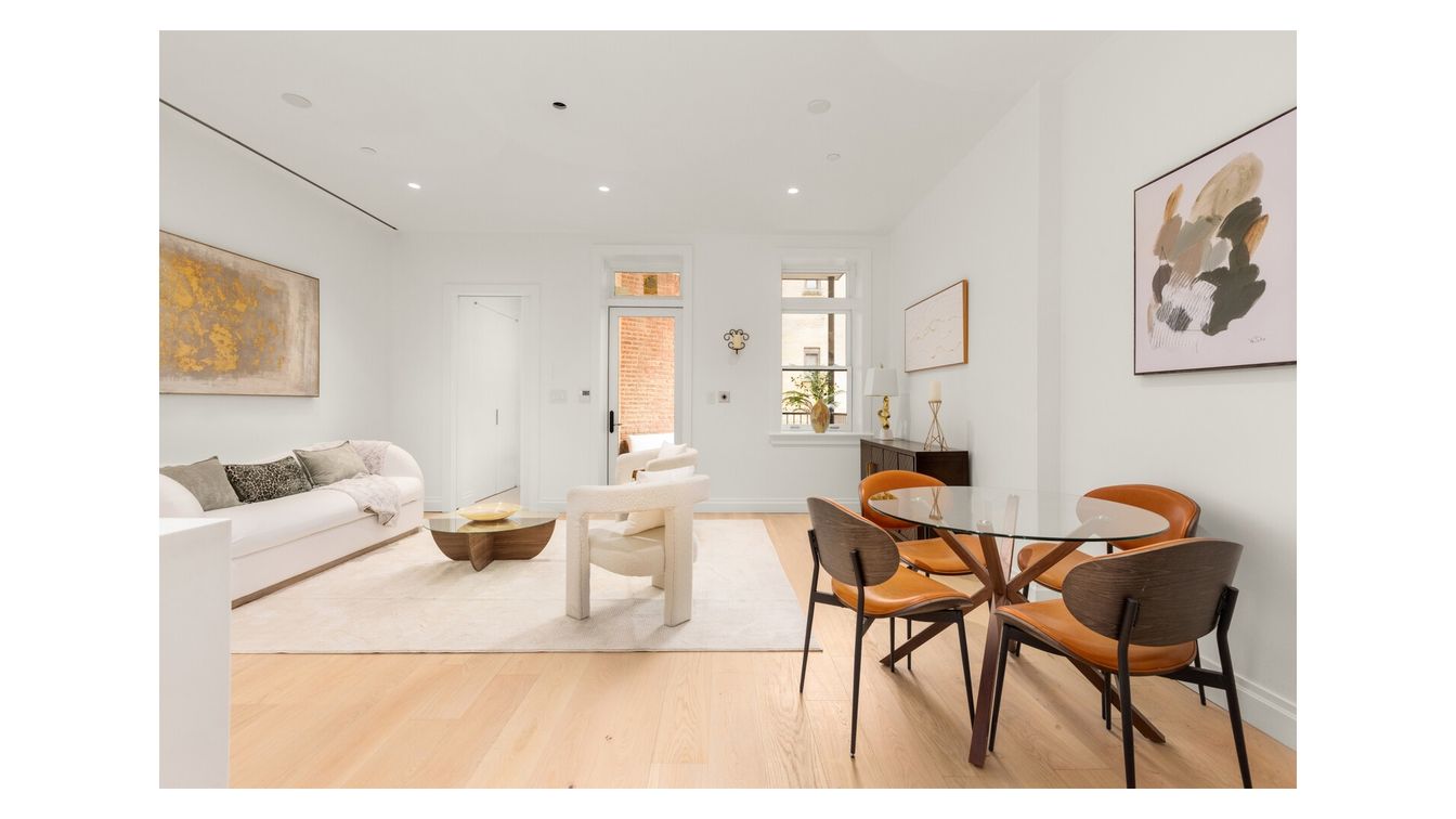 Dining room, Interior, Living room, Recessed Lighting, Wood Texture Flooring