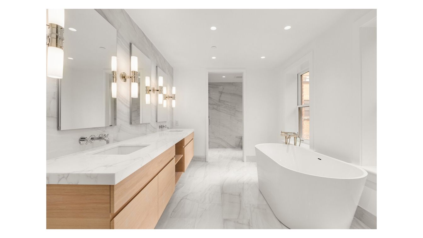 Bathroom, Dual Sink Vanities, Free Standing Baths, Interior, Marble, Marble Walls, Recessed Lighting