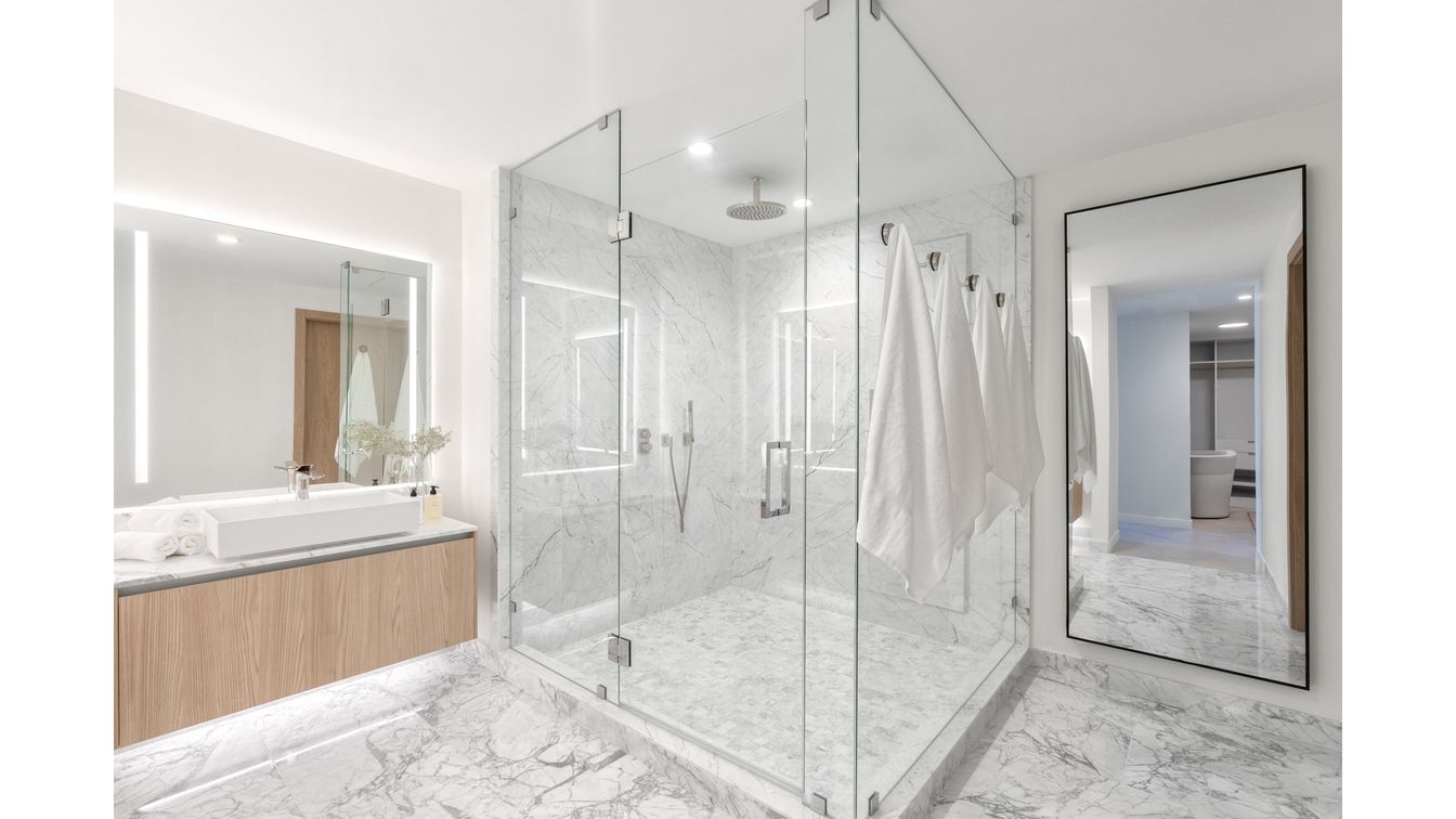 Bathroom, Glass Shower, Interior, Marble, Marble Walls, Recessed Lighting