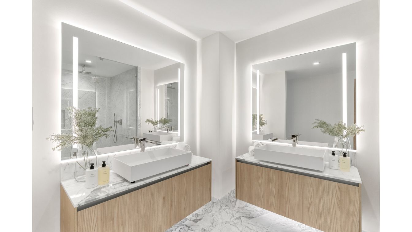 Bathroom, Dual Sink Vanities, Glass Shower, Interior, Marble, Recessed Lighting