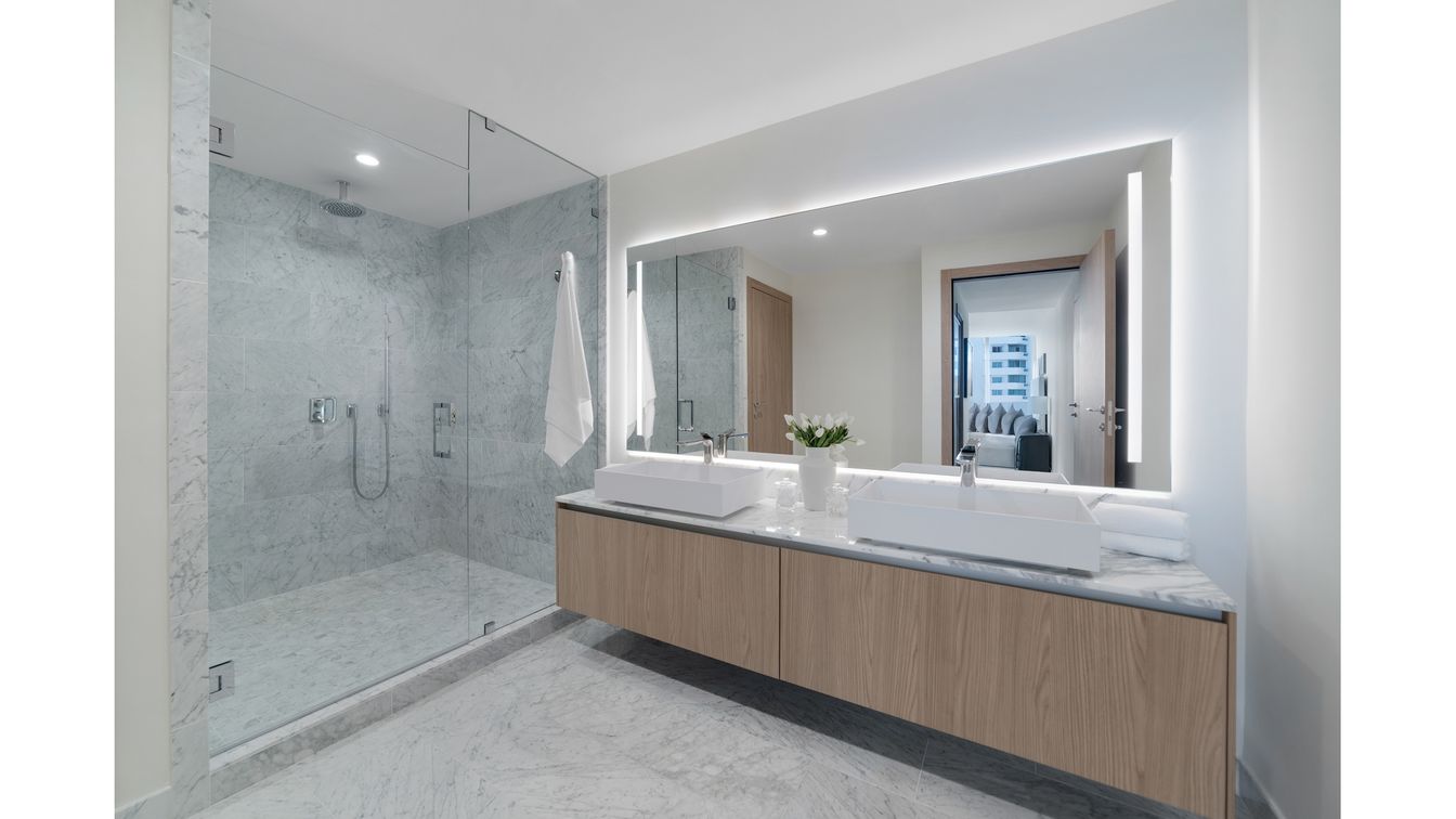 Bathroom, Dual Sink Vanities, Glass Shower, Interior, Marble, Marble Walls, Recessed Lighting
