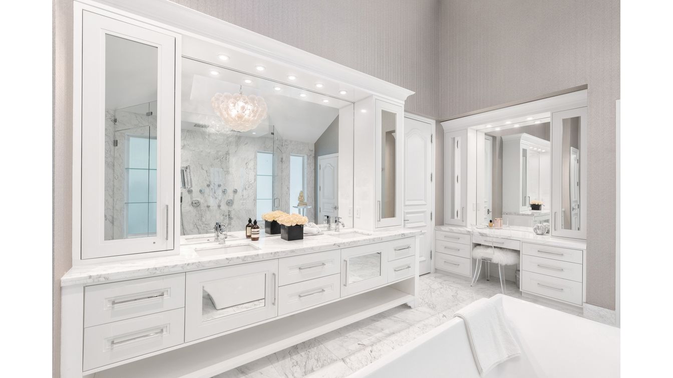 Bathroom, Dual Sink Vanities, Glass Shower, Interior, Marble, Recessed Lighting