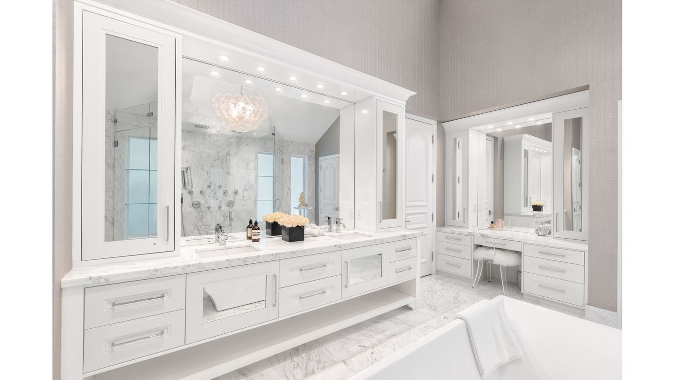 Bathroom, Dual Sink Vanities, Glass Shower, Interior, Marble, Recessed Lighting
