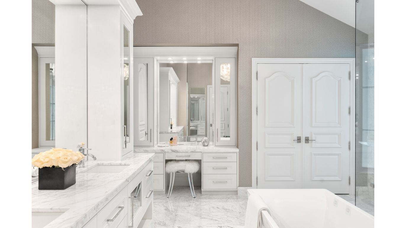 Bathroom, Dual Sink Vanities, Glass Shower, Interior, Marble, Recessed Lighting