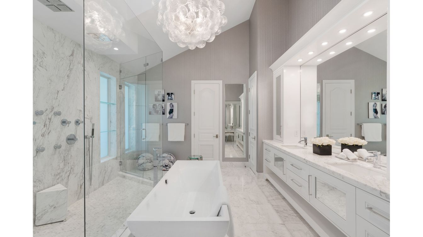 Bathroom, Chandelier, Dual Sink Vanities, Glass Shower, Interior, Marble, Marble Walls, Recessed Lighting