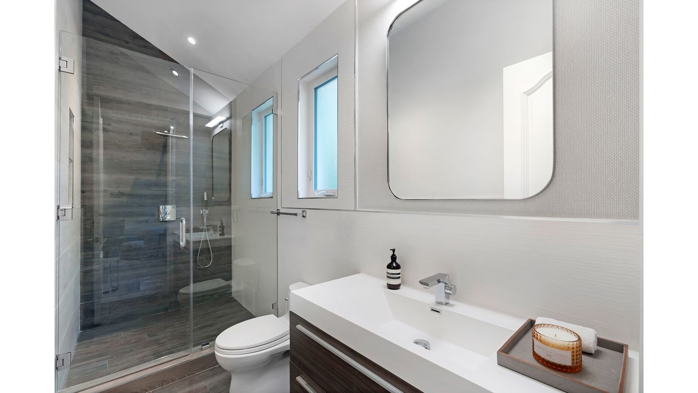 Bathroom, Glass Shower, Interior, Recessed Lighting, Wood Texture Flooring