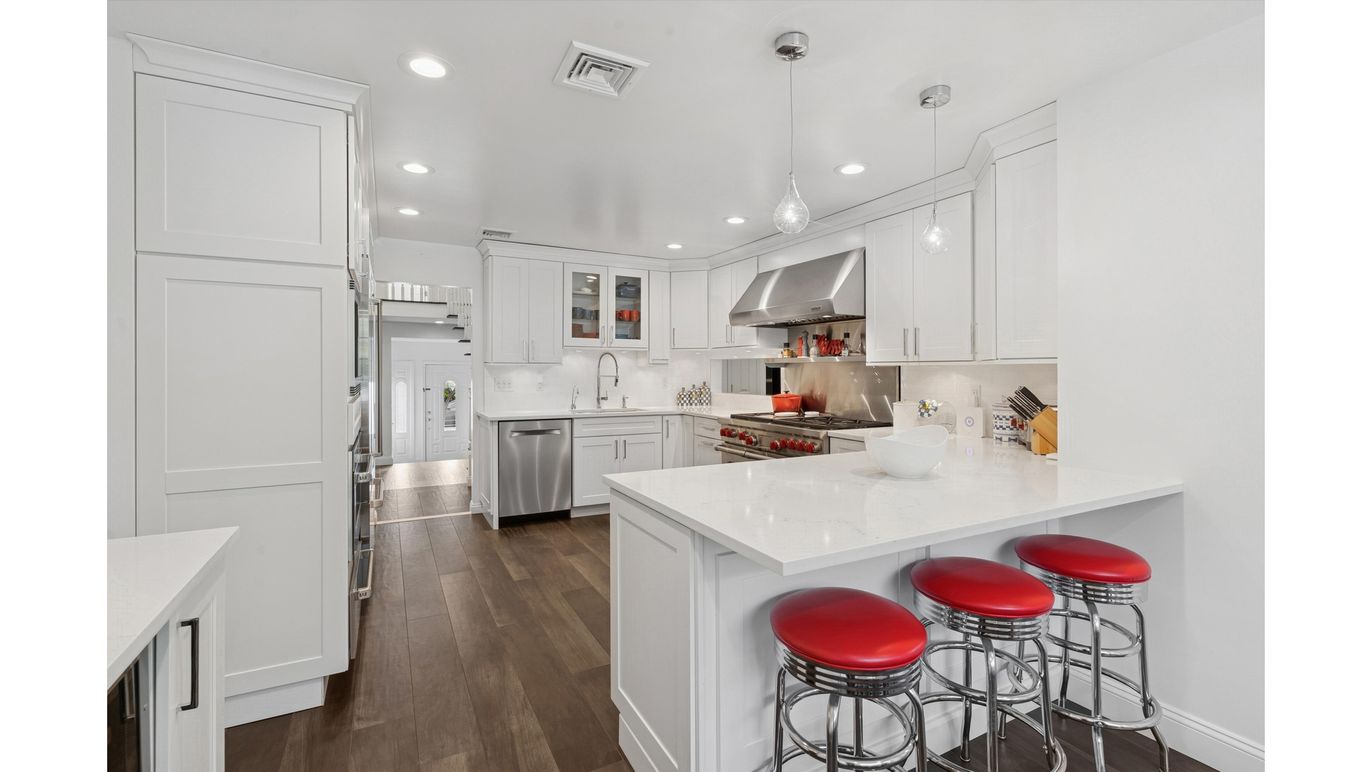 Interior, Kitchen, Pendant Lights, Recessed Lighting, Stainless Steel Appliances, Wood Texture Flooring