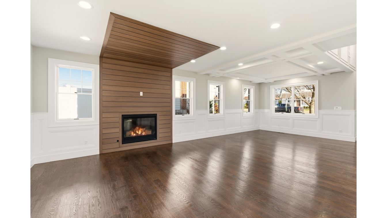 Empty room, Fireplace, Interior, Recessed Lighting, Wooden Ceilings, Wood Texture Flooring