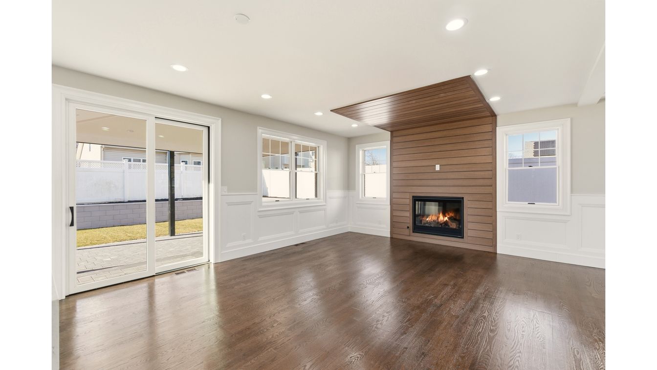 Empty room, Fireplace, Interior, Recessed Lighting, Wooden Ceilings, Wood Texture Flooring, Wooden Walls