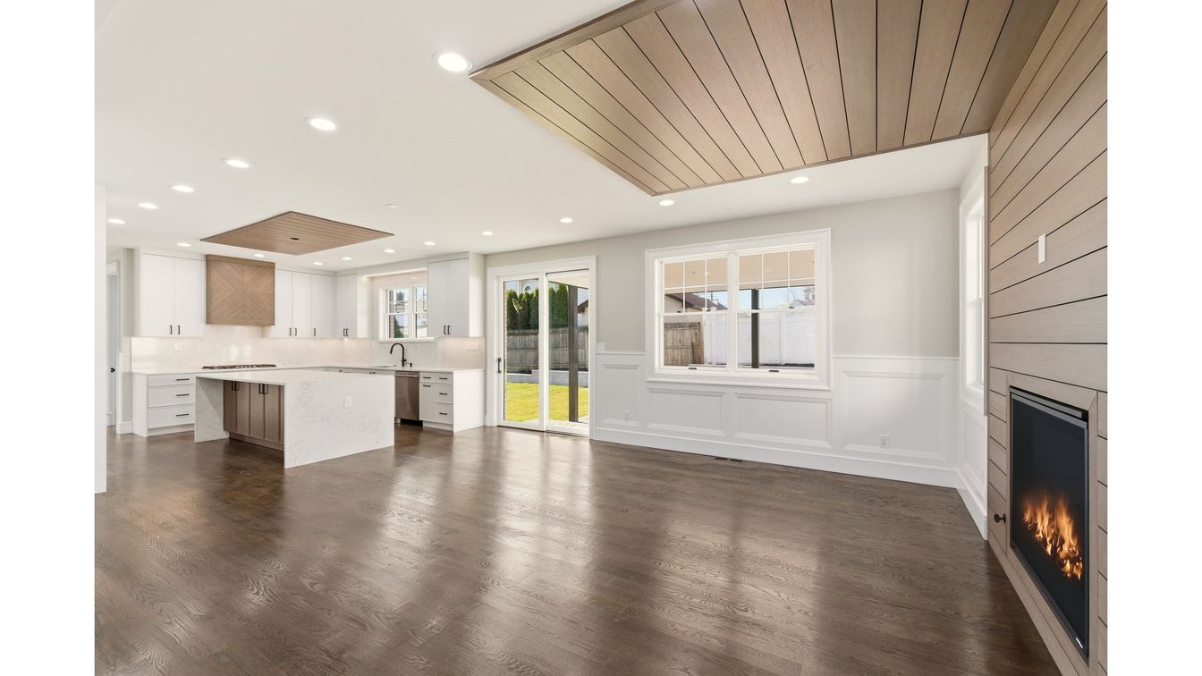 Empty room, Fireplace, Interior, Kitchen, Recessed Lighting, Wooden Ceilings, Wood Texture Flooring